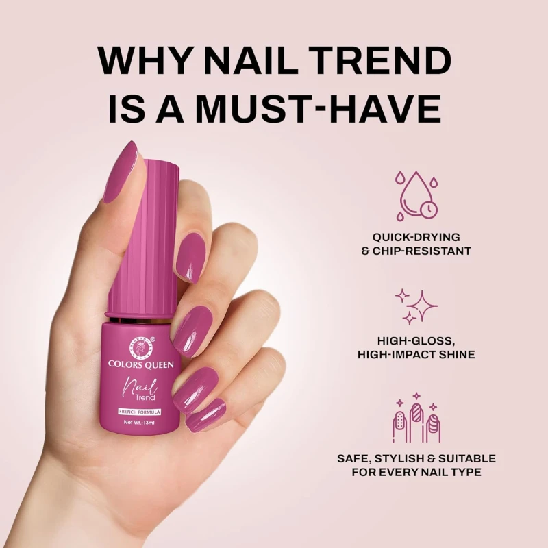 Colors Queen Nail Trend Glossy Nail Polish | Chip Resisting & Quick Drying Nail Paint with High Shine | 7 Toxin Free Formula | Vegan & Cruelty Free | Long Lasting & Vibrant Nail Paint for Women ( Jazzberry, 13ml) - Thumbnail 4